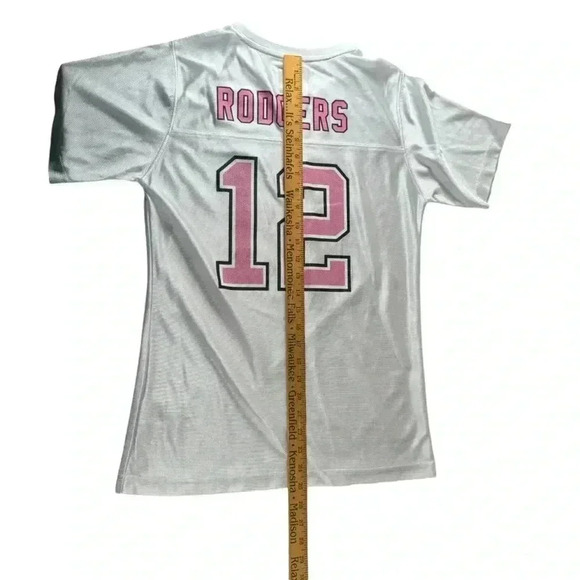Girl's NFL Team Apparel Packers Aaron Rodgers 12 White Pink Jersey Large (14/16) - Picture 9 of 13